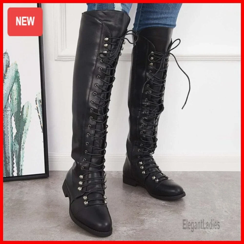 Over The Knee Flat Boots Lace-Up Riding Boots PU Leather 22.4
